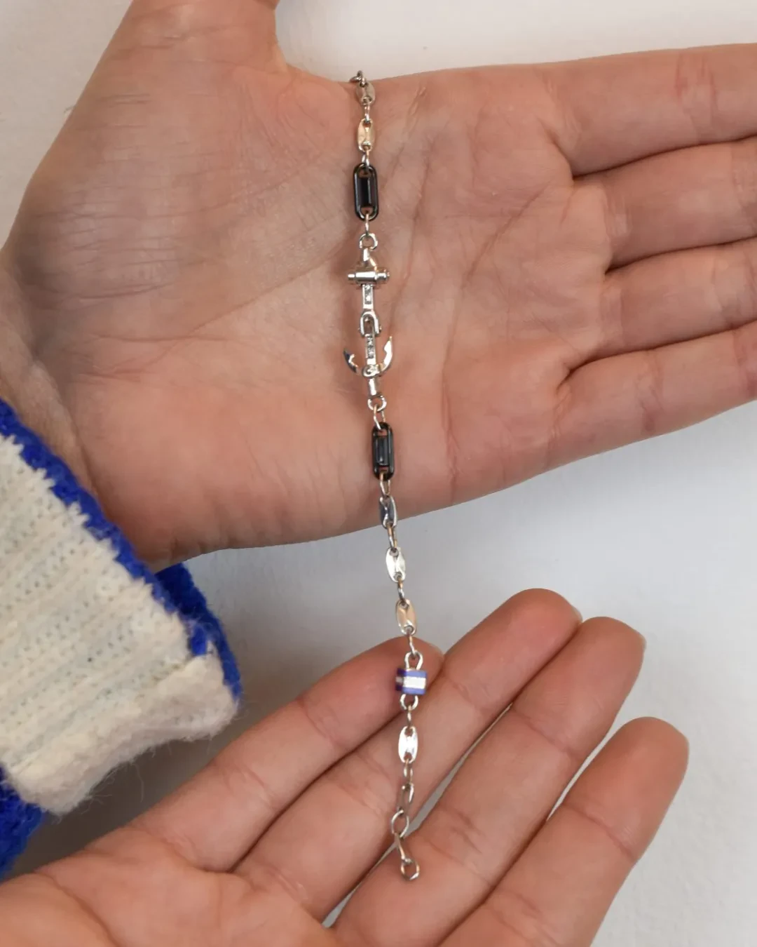 Bracciale uomo maglia marina in argento con targhetta