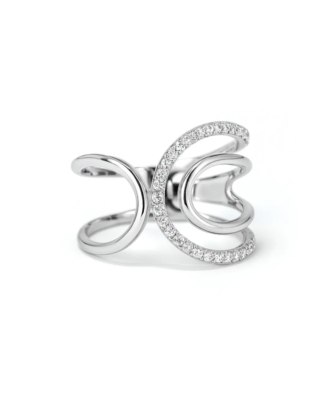 Anello oro bianco fantasia linee curve e diamanti taglio brillante