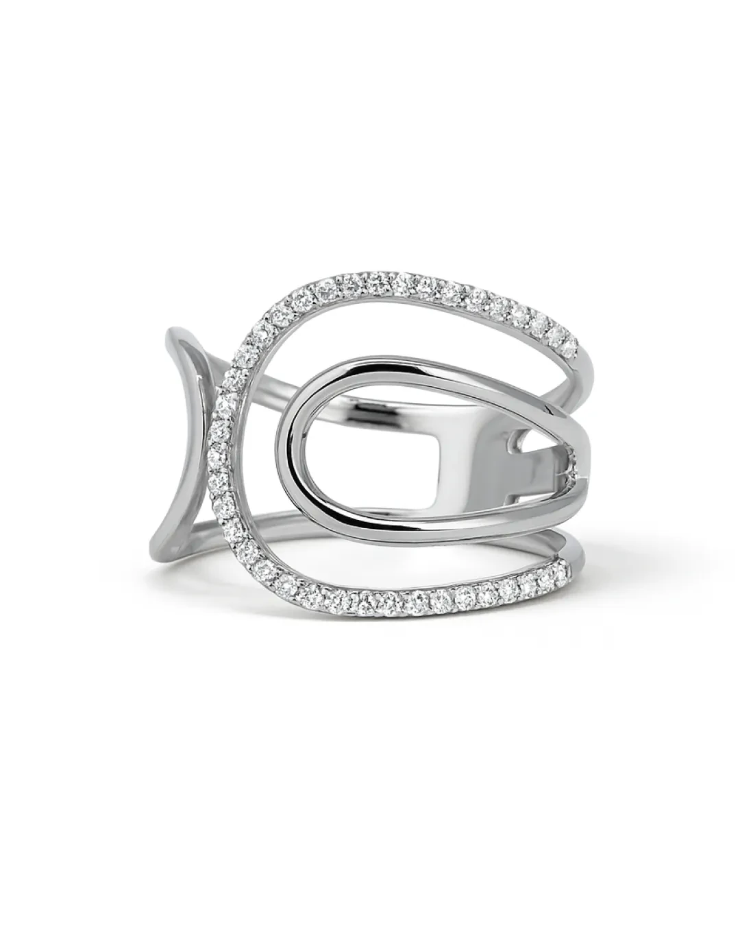 Anello oro bianco fantasia linee curve e diamanti taglio brillante