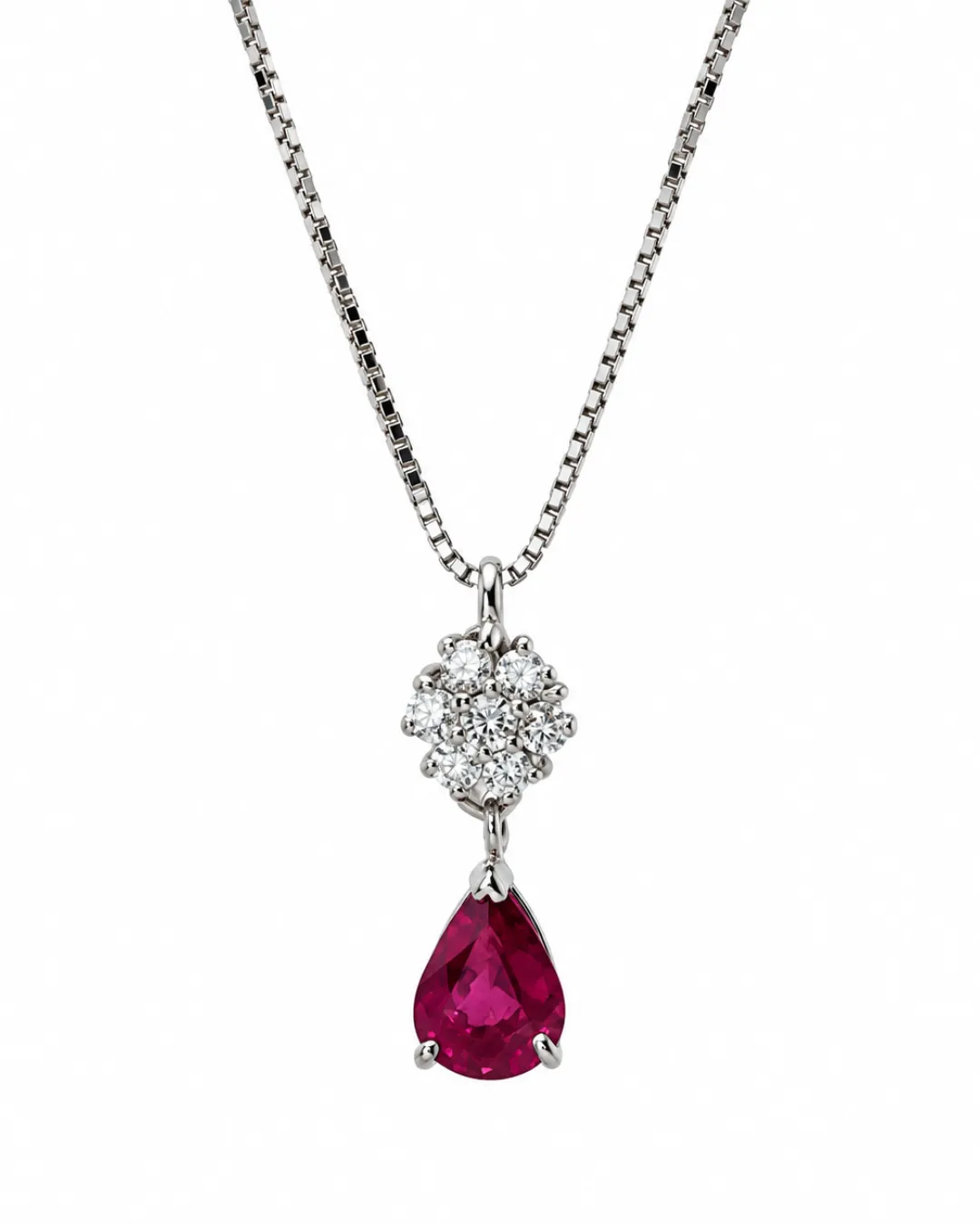 Girocollo oro bianco con rubino goccia 1,17 ct e fiore di diamanti