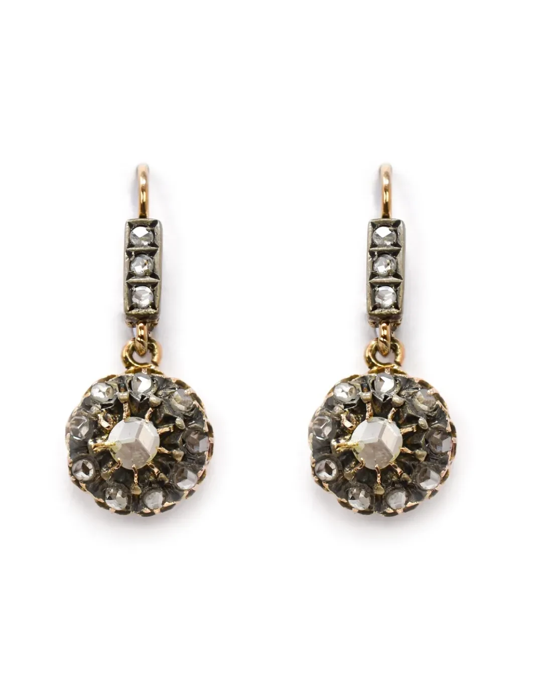Orecchini antichi in oro rosso, argento e rose di diamante