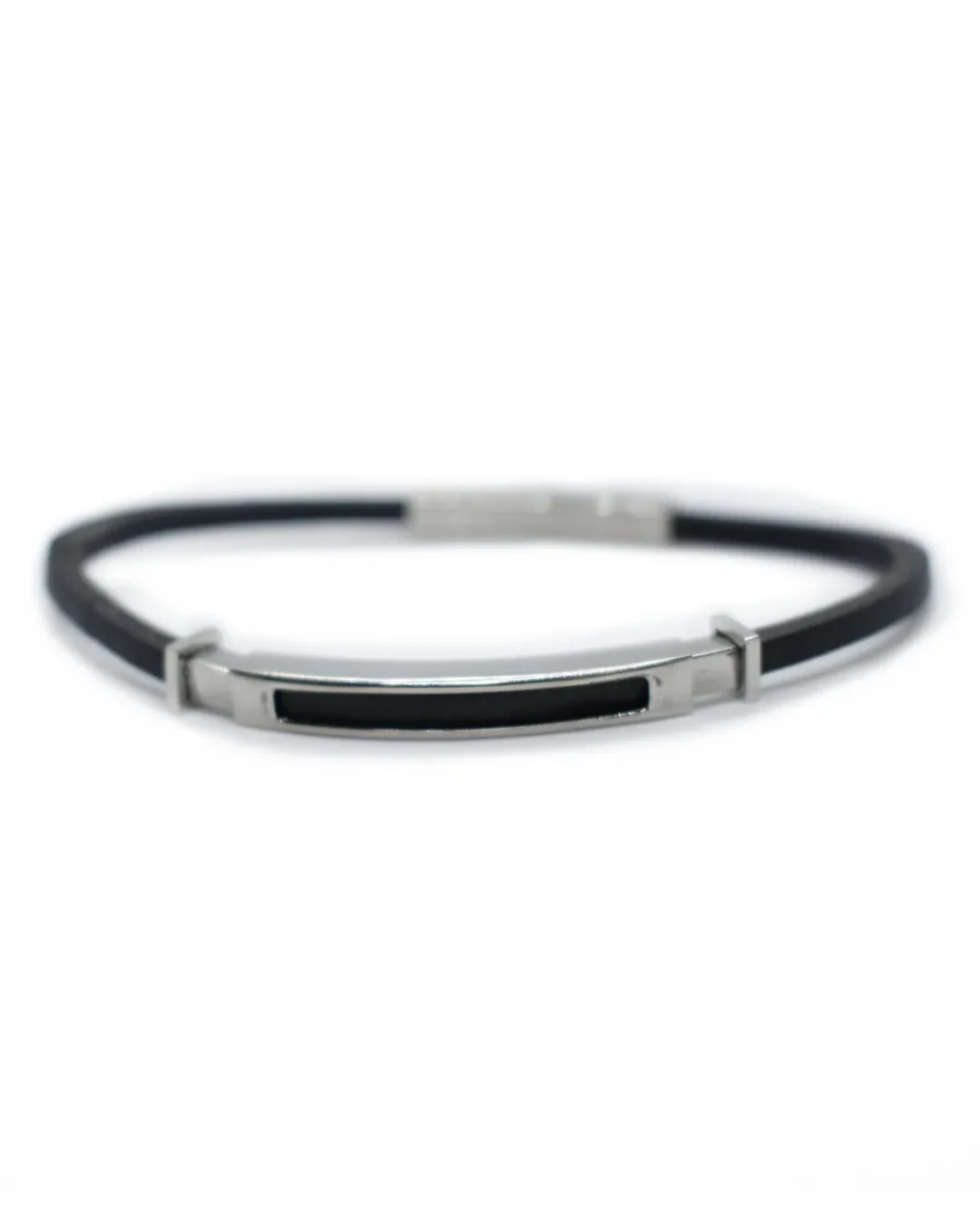Bracciale in cuoio nero e placchetta d'argento